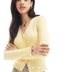 ASOS DESIGN button front V-neck cardigan with ruffle in rib in lemon